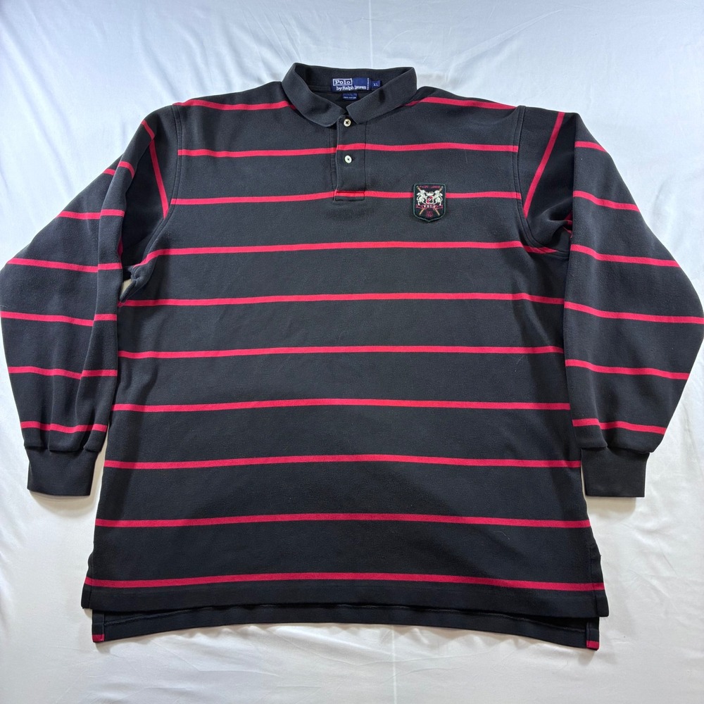 Polo Ralph Lauren Vintage Rugby Shirt Mens XL Black Red Crest Long Sleeve